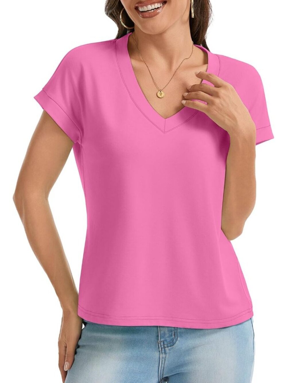 〽️Women's Hot Pink V Neck Cap Sleeve Summer Basic Loose Fit Pull On Crop Tops
